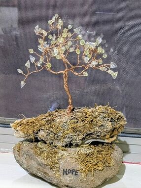 Hope Tree: Copper Wire Tree Sculpture with Light Green crystal Like Leaves